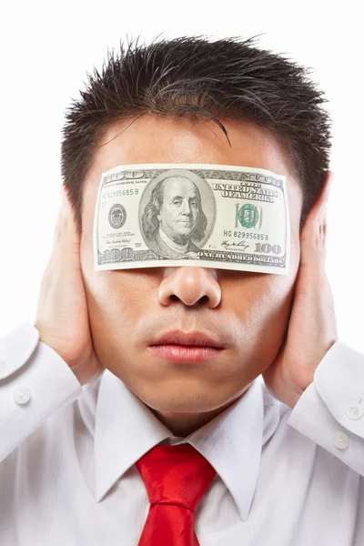 Concepto de soborno, ojos sellados con billete de dólar — Foto de Stock