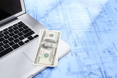 Laptop, money and blueprint clipart