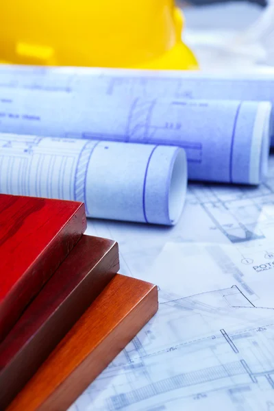Architecture paperwork and wooden boards — Stock Photo, Image