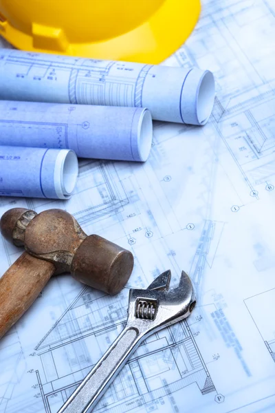 Working tool and blueprint — Stock Photo, Image