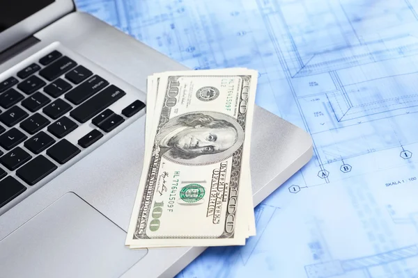 Laptop, money and blueprint — Stock Photo, Image