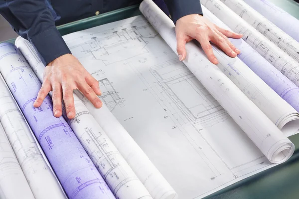Examining architecture blueprint — Stock Photo, Image