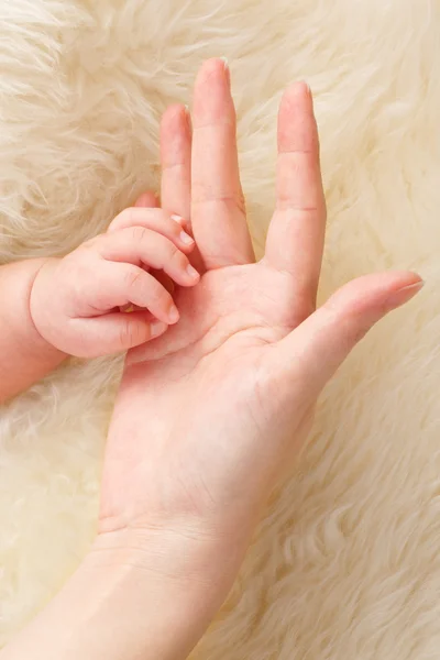 Baby's hand proberen te houden van haar moeder — Stockfoto