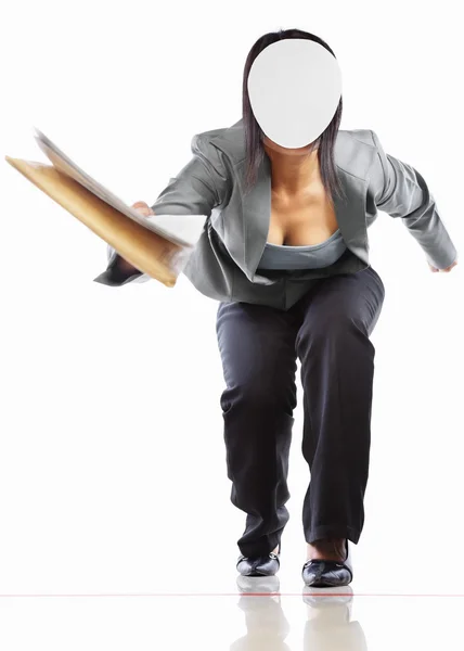 Unrecognizable businesswoman running and giving document — Stock Photo, Image
