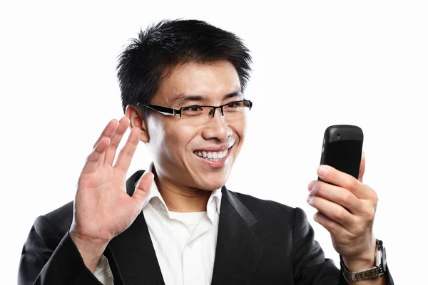 Hombre de negocios expresión feliz cuando se utiliza la videollamada —  Fotos de Stock