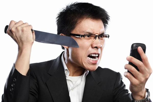 Expresión enojada del hombre de negocios al usar videollamada —  Fotos de Stock
