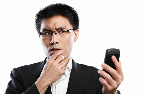 Businessman curious expression when using video call — Stock Photo, Image