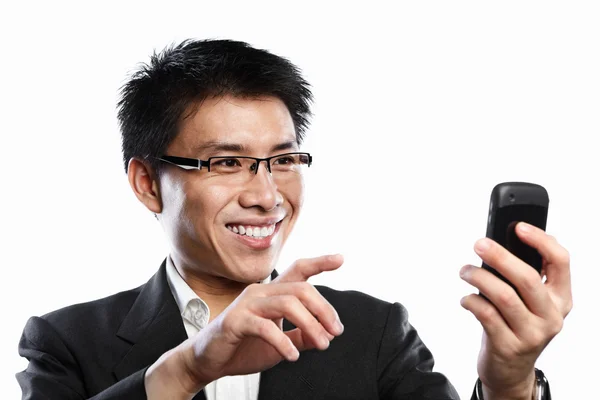 Hombre de negocios expresión feliz cuando se utiliza la videollamada — Foto de Stock