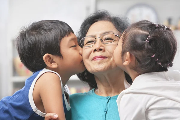 Grandmother being kissed by grandchildren at home — Stock Photo, Image