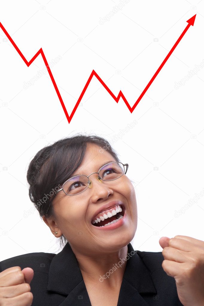 Young Asian businesswoman joyfully see the rise graph