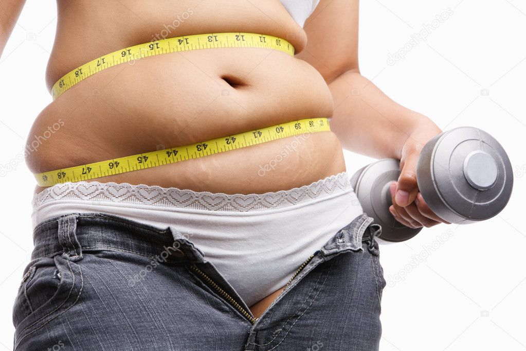 Fat woman holding weight to exercise