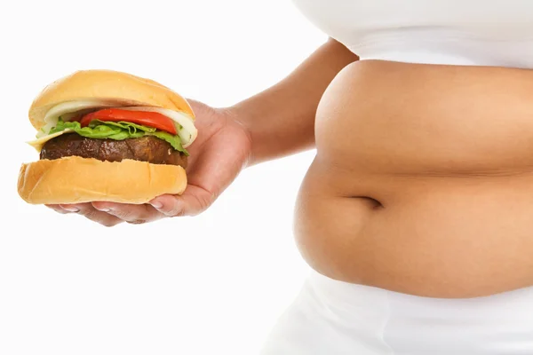 Fat stomach with burger — Stock Photo, Image