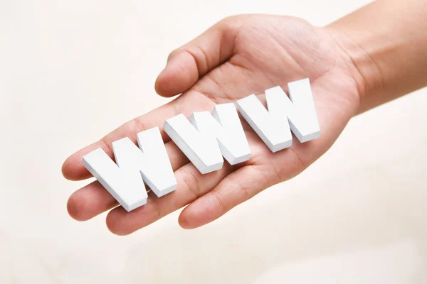 Mão segurando WWW na palma — Fotografia de Stock