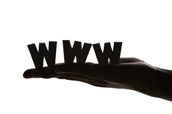 Mão segurando WWW em silhueta — Fotografia de Stock