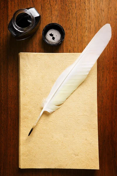 Papel em branco velho e caneta de pena — Fotografia de Stock