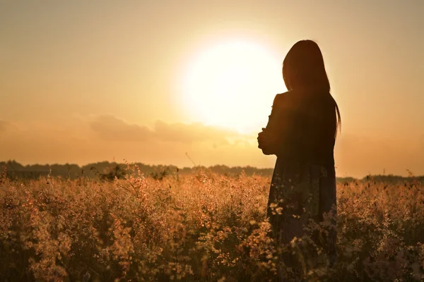 Vrouw silhouet te wachten voor de zomer zon Stockfoto