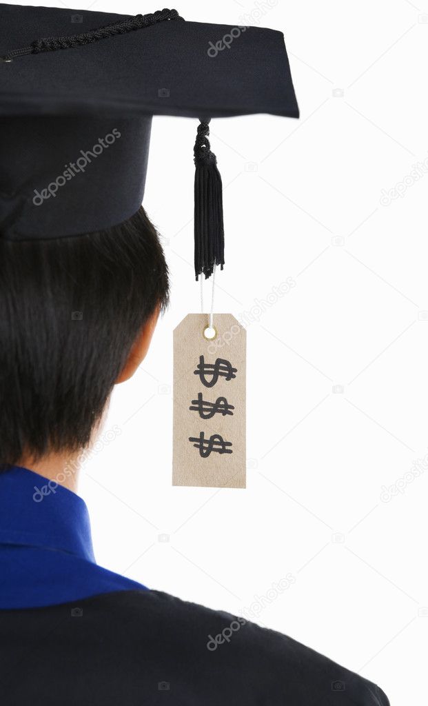 Backside of graduated student with expensive tag