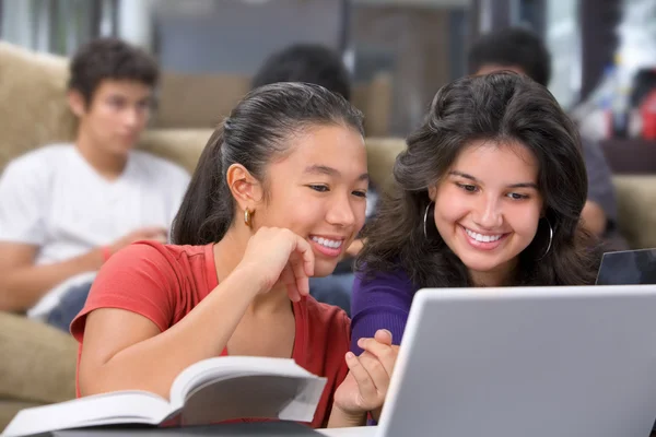 Estudante do sexo feminino discutindo algo no laptop — Fotografia de Stock