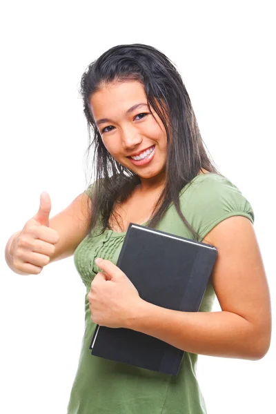 Mujer estudiante mostrando su satisfacción — Foto de Stock