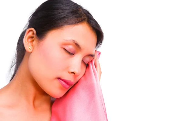 Young woman feel comfort with smooth satin — Stock Photo, Image