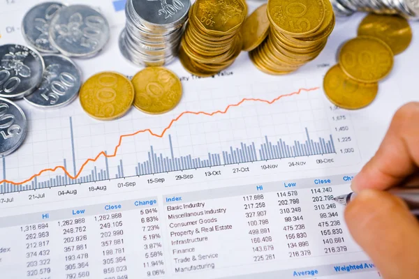 Analyse des Finanzberichts mit Münzen drumherum — Stockfoto