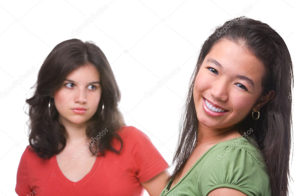 Happy and unhappy female teenagers