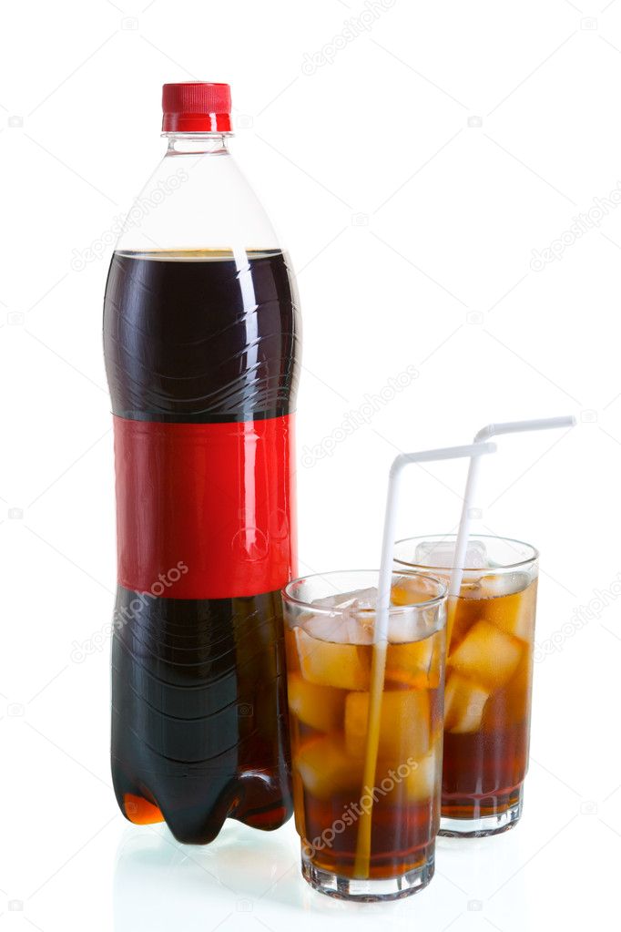 Bottle and two glass of cola