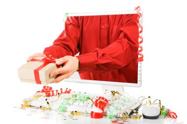 Giving present from computer screen clipart