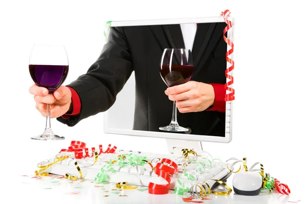 Offering wine from the computer screen — Stock Photo, Image