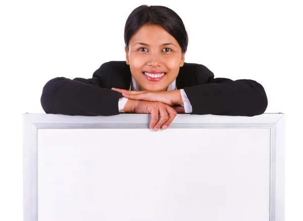 Whiteboard to post message below smiling woman — Stock Photo, Image