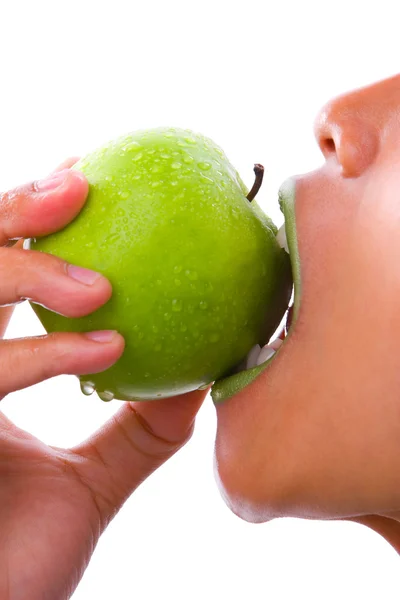 第一次咬-绿苹果 — 图库照片