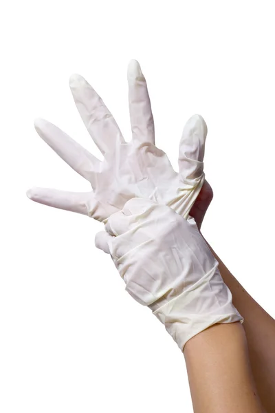 Luvas de nitril branco nas mãos — Fotografia de Stock