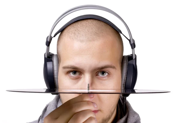 Deejay with headphones and vinyl — Stock Photo, Image