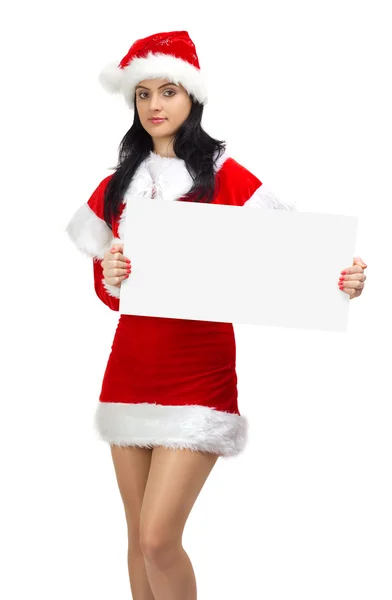 Young woman santa with empty board — Stock Photo, Image