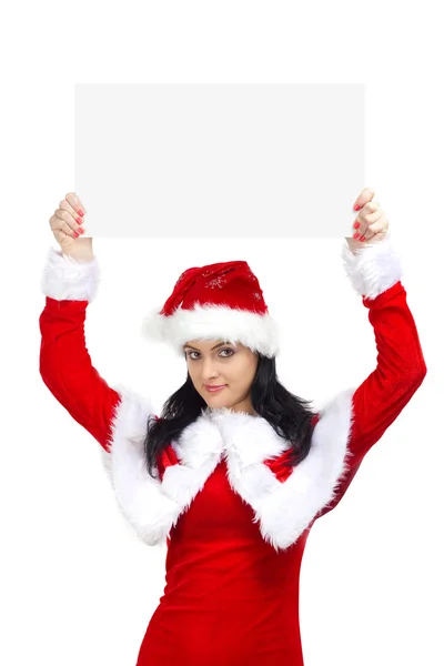 Woman dressed in santa claus with blank board — Stock Photo, Image