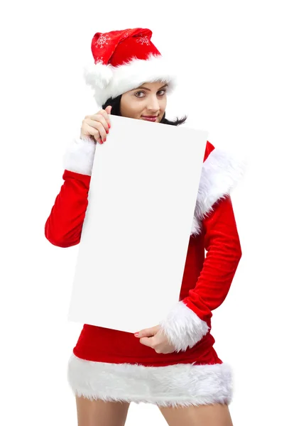 stock image Woman dressed in santa claus with blank board