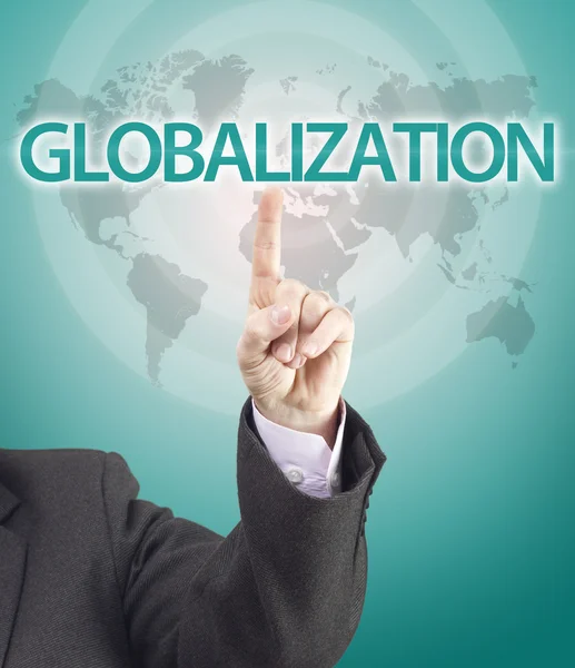Homem de negócios mão apontando para a palavra globalização — Fotografia de Stock