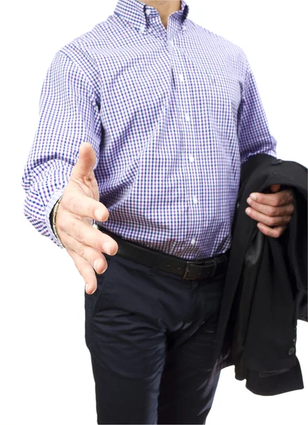 Homem de negócios com a mão aberta para um aperto de mão — Fotografia de Stock