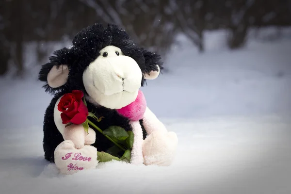 stock image Plush sheep holding a rose and sitting in snow