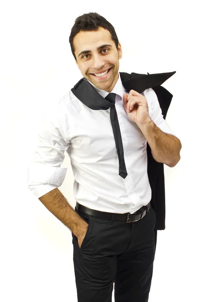 Retrato de un hombre de negocios sonriente sosteniendo su abrigo en el hombro —  Fotos de Stock