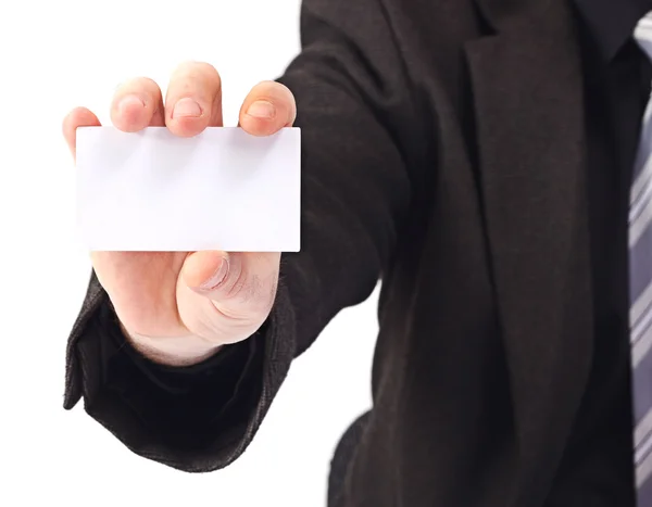Człowiek biznesu wyświetlone puste karty biznesowe — Zdjęcie stockowe