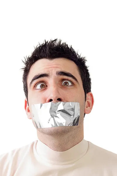 Jonge man met grijze plakband op zijn mond — Stockfoto