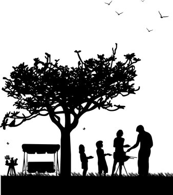 Family barbecue and picnic in the garden with garden swing clipart