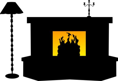 Fireplace with flame , candlestick and lamp, interior design silhouette clipart