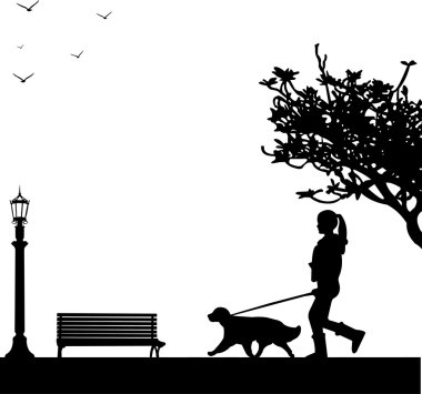 Girl walking a dog in park in spring silhouette layered clipart