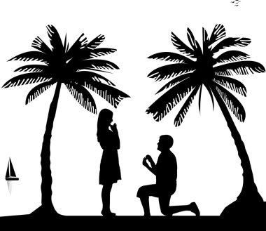 Romantic proposal on seacoast between the palms on the beach clipart