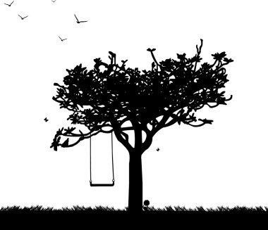 Swing in the park or garden in spring silhouette clipart