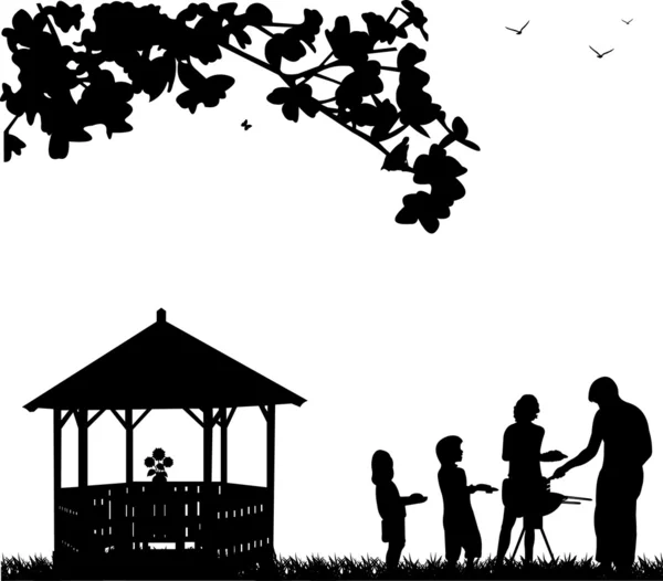 Familj grill och picknick i trädgården — Stock vektor