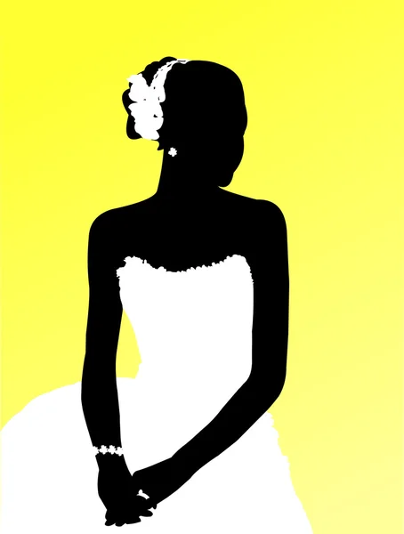 Silueta de una novia sentada sobre fondo amarillo — Vector de stock