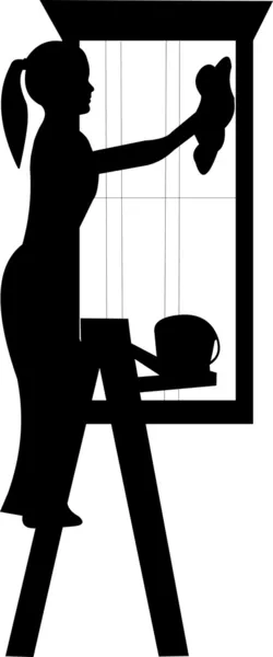 Genç bir kadın ile sünger siluet onun windows temizlik — Stok Vektör